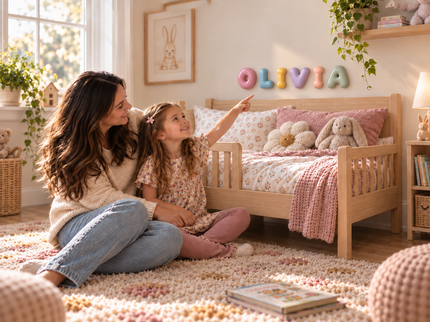 A mother and daughter admiring pastel OLIVIA bubble letters above a child's bed